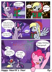 Size: 1200x1650 | Tagged: safe, artist:tikyotheenigma, derpibooru import, derpy hooves, pinkie pie, twilight sparkle, pegasus, pony, comic, female, happy new year, mare