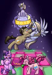 Size: 1000x1443 | Tagged: safe, artist:kitty-kitty-koneko, derpibooru import, amethyst star, derpy hooves, dinky hooves, doctor whooves, pinkie pie, time turner, pegasus, pony, female, happy new year, mare