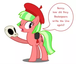 Size: 899x757 | Tagged: alternate design, artist needed, background human, beret, derpibooru import, drama letter, ponified, safe, skull, solo, source needed, watermelody