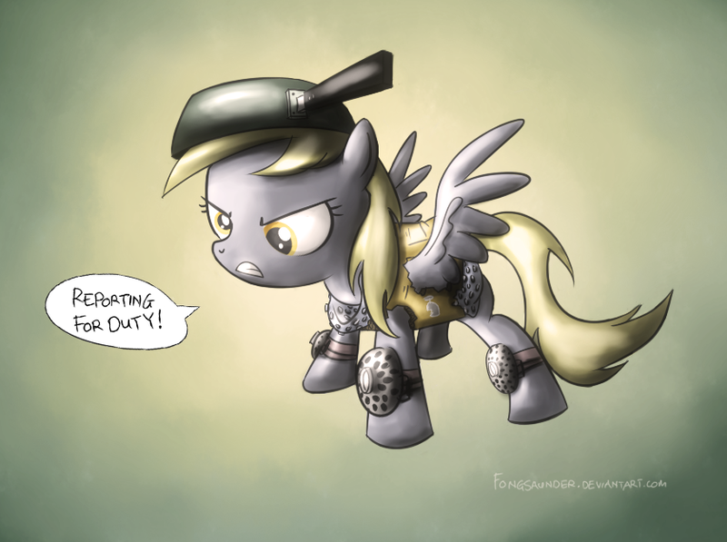 Size: 837x625 | Tagged: safe, artist:fongsaunder, derpibooru import, derpy hooves, pegasus, pony, armor, female, frying pan, mare, solo