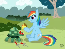 Size: 1800x1338 | Tagged: artist:unclescooter, clothes, costume, derpibooru import, food, meat, pepperoni, pepperoni pizza, pizza, rainbow dash, raphael, safe, sai, tank, teenage mutant ninja turtles