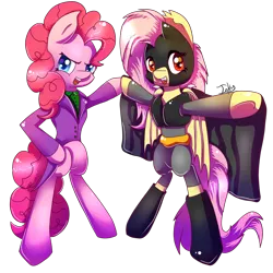 Size: 900x900 | Tagged: safe, artist:inky-pinkie, derpibooru import, fluttershy, pinkie pie, bat pony, pony, bats!, batman, batmare, bipedal, clothes, crossover, dc comics, flutterbat, parody, pinkie joker, race swap, the joker