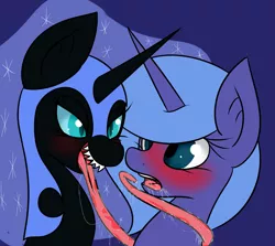 Size: 2641x2356 | Tagged: suggestive, artist:color-spark, derpibooru import, nightmare moon, princess luna, blushing, drool, female, impossibly long tongue, lesbian, long tongue, lunamoon, mooncest, s1 luna, self ponidox, selfcest, shipping, tentacle tongue, tongue out