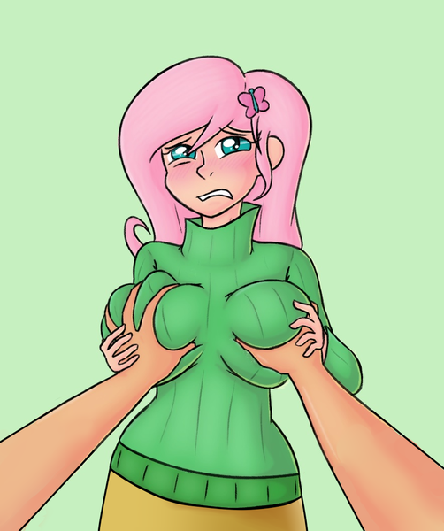 Size: 883x1055 | Tagged: artist:hamflo, bad touch, big breasts, blushing, boob socks, breast fondling, breast grab, breasts, breast squeeze, busty fluttershy, clothes, crying, derpibooru import, female, fluttershy, grope, human, humanized, light skin, molestation, offscreen character, pov, questionable, sexual harassment, sweater, sweatershy
