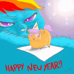 Size: 900x900 | Tagged: artist:shadysmarty, derpibooru import, fluffydash, fluffy pony, happy new year, rainbow dash, safe, scootafluff, scootaloo