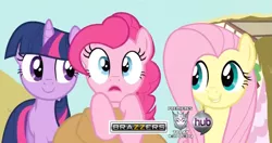 Size: 1609x848 | Tagged: a friend in deed, applejack, brazzers, derpibooru import, edit, edited screencap, fluttershy, hub logo, out of context, pinkie pie, screencap, smile smile smile, smile song, suggestive, twilight sparkle