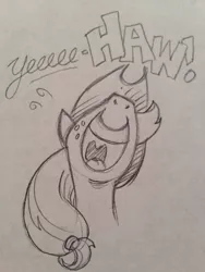 Size: 768x1024 | Tagged: applejack, artist:andypriceart, derpibooru import, happy new year, monochrome, nose in the air, safe, solo, traditional art, twitter, yeehaw