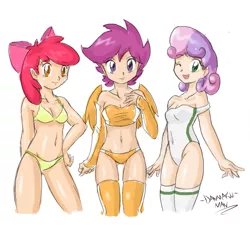 Size: 1207x1088 | Tagged: adult, apple bloom, artist:danmakuman, belly button, bikini, breasts, busty apple bloom, busty cmc, busty scootaloo, busty sweetie belle, cleavage, clothes, cutie mark crusaders, female, females only, human, humanized, light skin, looking at you, midriff, older, open mouth, scootaloo, smiling, socks, suggestive, sweetie belle, swimsuit, thigh highs, underass, wink