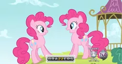 Size: 1628x860 | Tagged: a friend in deed, brazzers, decepticon, derpibooru import, edit, edited screencap, funcest, hub logo, pinkie pie, ponies standing next to each other, screencap, self ponidox, smile smile smile, smile song, suggestive, transformers, transformers prime