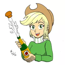 Size: 800x800 | Tagged: 2014, apple cider, applejack, artist:mayorlight, derpibooru import, human, humanized, light skin, safe, simple background, solo