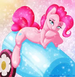 Size: 2500x2559 | Tagged: suggestive, artist:kelisah, derpibooru import, pinkie pie, bedroom eyes, partillery, party cannon, pinup, solo