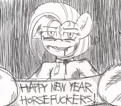 Size: 732x640 | Tagged: artist:wootmaster, derpibooru import, grayscale, happy new year, /mlp/, monochrome, oc, oc:tracy cage, semi-grimdark, solo, unofficial characters only, useless source url, vulgar