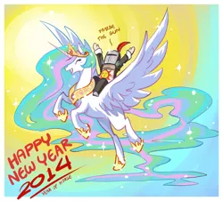 Size: 2080x1880 | Tagged: safe, artist:littledarkdragon, derpibooru import, princess celestia, alicorn, human, pony, 2014, crossover, cute, cutelestia, dark souls, dialogue, eyes closed, female, happy, humans riding ponies, mare, new year, open mouth, praise the sun, solaire of astora, year of the horse