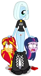 Size: 409x750 | Tagged: semi-grimdark, suggestive, artist:wicked-at-heart, derpibooru import, sunset shimmer, twilight sparkle, oc, oc:tracy cage, equestria girls, bags under eyes, blood, decapitated, equestria girls-ified, implied murder, severed head, simple background, transparent background, wide eyes