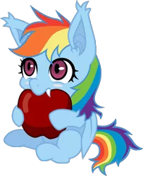 Size: 2307x2846 | Tagged: safe, artist:norang94, artist:owlisun, derpibooru import, edit, rainbow dash, bat pony, pony, apple, bat ponified, cute, dashabetes, filly, filly rainbow dash, race swap, rainbowbat, recolor, simple background, solo, transparent background