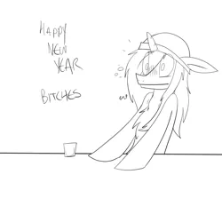 Size: 1280x1280 | Tagged: 2014, alcohol, artist:cymek, blushing, derpibooru import, gulp, happy new year, monochrome, oc, oc:taylorpone, safe, shot glass, solo, tipsy, unofficial characters only, vulgar