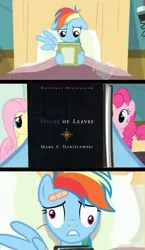 Size: 581x1000 | Tagged: bed, book, book cover, comic, derp, derpibooru import, edit, edited screencap, fluttershy, hospital bed, house of leaves, meme, pinkie pie, rainbow dash, reading rainbow, read it and weep, safe, screencap, screencap comic