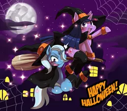 Size: 1771x1556 | Tagged: suggestive, artist:ss2sonic, derpibooru import, trixie, twilight sparkle, pony, unicorn, blushing, broom, building, cape, clothes, cloud, cloudy, crying, female, flying, flying broomstick, full moon, halloween, hat, jack-o-lantern, lesbian, looking at you, looking down, mare, mare in the moon, moon, night, night sky, nightmare night, open mouth, plot, pumpkin, shipping, sitting, smiling, socks, sparkles, spider web, stars, sweat, the great and powerful ass, thigh highs, twixie, witch, witch hat