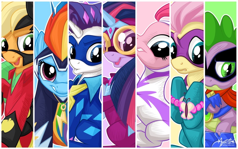 Size: 2560x1600 | Tagged: safe, artist:mysticalpha, derpibooru import, applejack, fili-second, fluttershy, humdrum, masked matter-horn, mistress marevelous, pinkie pie, radiance, rainbow dash, rarity, saddle rager, spike, twilight sparkle, twilight sparkle (alicorn), zapp, alicorn, pony, power ponies (episode), action poster, female, line-up, mane seven, mane six, mare, power ponies, wallpaper