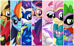 Size: 2560x1600 | Tagged: safe, artist:mysticalpha, derpibooru import, applejack, fili-second, fluttershy, humdrum, masked matter-horn, mistress marevelous, pinkie pie, radiance, rainbow dash, rarity, saddle rager, spike, twilight sparkle, twilight sparkle (alicorn), zapp, alicorn, pony, power ponies (episode), action poster, female, line-up, mane seven, mane six, mare, power ponies, wallpaper