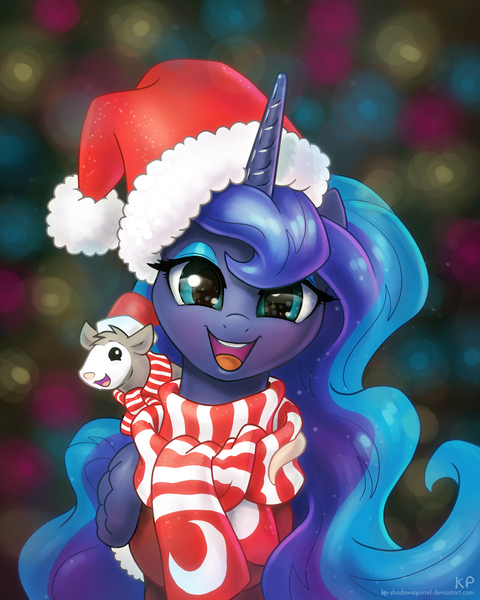 Size: 1200x1500 | Tagged: safe, artist:kp-shadowsquirrel, derpibooru import, idw, princess luna, tiberius, alicorn, opossum, pony, spoiler:comicm10, bedroom eyes, blurred background, christmas, clothes, cute, eyeshadow, female, hat, horn, looking at you, lunabetes, makeup, mare, open mouth, santa hat, scarf, smiling, solo, teeth