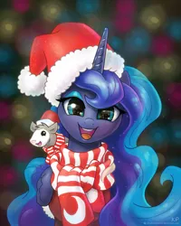 Size: 1200x1500 | Tagged: safe, artist:kp-shadowsquirrel, derpibooru import, idw, princess luna, tiberius, alicorn, opossum, pony, spoiler:comicm10, bedroom eyes, blurred background, christmas, clothes, cute, eyeshadow, female, hat, horn, looking at you, lunabetes, makeup, mare, open mouth, santa hat, scarf, smiling, solo, teeth