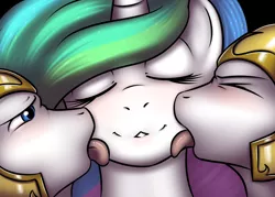 Size: 1400x1000 | Tagged: source needed, suggestive, artist:kloudmutt, derpibooru import, ponibooru import, princess celestia, :3, artifact, blushing, eyes closed, female, grin, guardlestia, kiss on the cheek, kiss sandwich, kissing, licking, lip bite, male, open mouth, royal guard, shipping, smiling, straight, tongue out