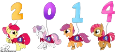 Size: 3030x1320 | Tagged: 2014, apple bloom, artist:silky-cotton, babs seed, balloon, cutie mark crusaders, derpibooru import, new year, safe, scootaloo, sweetie belle