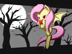 Size: 1200x900 | Tagged: safe, artist:jdan-s, derpibooru import, fluttershy, bat pony, pony, apple, eating, flutterbat, moon, night, race swap, solo, tree