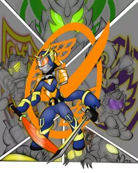 Size: 2508x3145 | Tagged: safe, artist:fourze-pony, derpibooru import, ponified, gryphon, pony, unicorn, banana, comic cover, gunblade, kamen rider, kamen rider baron, kamen rider bravo, kamen rider gaim, kamen rider guridon, kamen rider kurokage, kamen rider ryugun, kamen rider zangetsu, male, melon, orange, samurai, stallion, sword, tail, tokusatsu