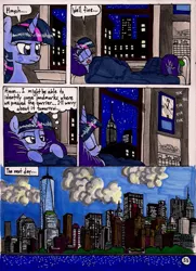 Size: 1399x1934 | Tagged: safe, artist:newyorkx3, derpibooru import, spike, twilight sparkle, twilight sparkle (alicorn), alicorn, dragon, pony, comic:twilight and the big city, 59 chevy, calendar, car, chevrolet, comic, empire state building, female, male, mare, one world trade center, sleeping, traditional art, wtc