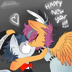 Size: 4822x4822 | Tagged: safe, artist:scootaloocuteness, derpibooru import, rumble, scootaloo, absurd resolution, bow, clothes, feather, female, hat, heart, kissing, male, rumbloo, shipping, straight