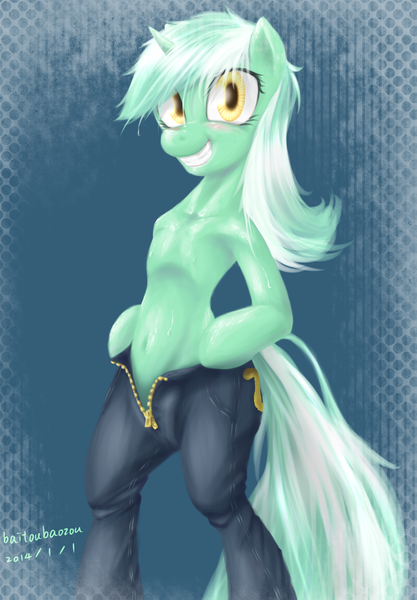 Size: 1600x2300 | Tagged: safe, artist:baitoubaozou, derpibooru import, lyra heartstrings, pony, semi-anthro, unicorn, belly button, bipedal, clothes, female, grin, looking at you, mare, pants, smiling, solo, squee, wet, wet mane