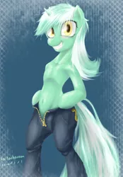 Size: 1600x2300 | Tagged: safe, artist:baitoubaozou, derpibooru import, lyra heartstrings, pony, semi-anthro, unicorn, belly button, bipedal, clothes, female, grin, looking at you, mare, pants, smiling, solo, squee, wet, wet mane