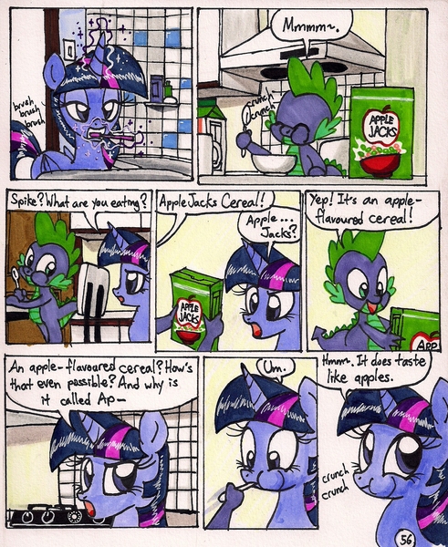 Size: 1402x1714 | Tagged: safe, artist:newyorkx3, derpibooru import, spike, twilight sparkle, twilight sparkle (alicorn), alicorn, pony, comic:twilight and the big city, apple jacks, cereal, comic, female, mare, product placement, traditional art