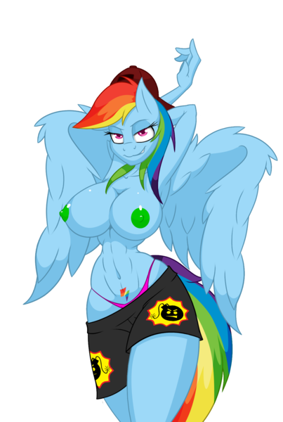 Size: 1244x1852 | Tagged: questionable, artist:lil miss jay, derpibooru import, rainbow dash, anthro, armpits, bedroom eyes, belly button, big breasts, boxers, breasts, busty rainbow dash, clothes, crotchmark, female, nipples, nudity, panties, pubic hair, rainbow bush, serious rainbow, serious sam, sexy, solo, solo female, stupid sexy rainbow dash, technicolor nipples, underwear