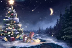 Size: 2000x1333 | Tagged: safe, artist:sylar113, derpibooru import, fluttershy, pegasus, pony, bauble, christmas, christmas ornament, christmas tree, crescent moon, decoration, female, forest, glow, mare, moon, night, present, scenery, scenery porn, shooting star, snow, snowfall, solo, stars, tangible heavenly object, tree, water