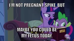 Size: 640x360 | Tagged: suggestive, derpibooru import, spike, twilight sparkle, twilight sparkle (alicorn), alicorn, pony, exploitable meme, female, image macro, imminent unbirth, male, mare, meme, shipping, spike blushing at a book meme, straight, twilight's bad pickup lines