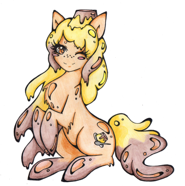 Size: 2369x2376 | Tagged: safe, artist:calavera-garbancera, derpibooru import, oc, unofficial characters only, food pony, original species, flamby, flan, food, solo, wink