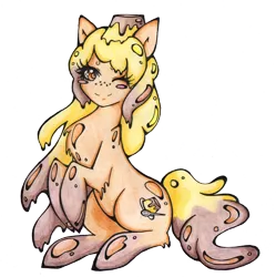 Size: 2369x2376 | Tagged: safe, artist:calavera-garbancera, derpibooru import, oc, unofficial characters only, food pony, original species, flamby, flan, food, solo, wink