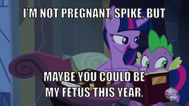 Size: 640x360 | Tagged: suggestive, derpibooru import, spike, twilight sparkle, twilight sparkle (alicorn), alicorn, pony, exploitable meme, female, image macro, imminent unbirth, mare, meme, spike blushing at a book meme, twilight's bad pickup lines