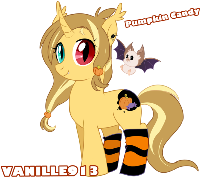 Size: 975x819 | Tagged: safe, artist:spookyle, derpibooru import, oc, unofficial characters only, bat, bat pony, bat pony unicorn, pony, unicorn, wingless bat pony, clothes, curved horn, cute little fangs, female, heterochromia, mare, slit eyes, socks, solo