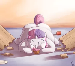 Size: 1605x1400 | Tagged: safe, artist:c-adepsy, derpibooru import, sweetie belle, pony, unicorn, broken, cupcake, eating, eyes closed, fat, feedee belle, female, filly, happy, obese, plate, solo, sweetie belly, table