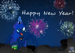 Size: 6443x4590 | Tagged: 2014, absurd resolution, artist:abydos91, cider, derp, derpibooru import, fireworks, happy new year, happy new year 2014, princess luna, safe, solo, vector