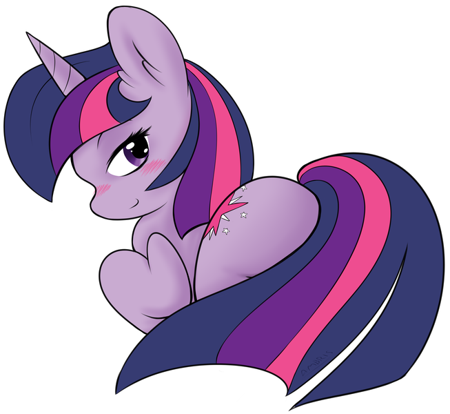 Size: 3282x3017 | Tagged: suggestive, artist:ambris, derpibooru import, twilight sparkle, pony, unicorn, bedroom eyes, blushing, covering, cute, female, looking at you, looking back, looking back at you, mare, plot, raised hoof, simple background, smiling, smirk, solo, solo female, tail covering, teasing, twibutt, white background