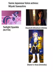 Size: 716x976 | Tagged: bioshock, bioshock infinite, derpibooru import, dlanor a. knox, elizabeth, exploitable meme, japan, japanese, meme, miyuki sawashiro, safe, same voice actor, twilight sparkle, umineko no naku koro ni, when the seagulls cry