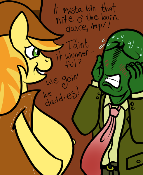 Size: 953x1168 | Tagged: artist:catfood-mcfly, belly, belly button, braeburn, derpibooru import, drawfag, gay, human, male, male pregnancy, /mlp/, now you fucked up, oc, oc:anon, panic, pregnant, safe, you're the father