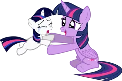 Size: 2479x1642 | Tagged: safe, artist:zacatron94, derpibooru import, edit, twilight sparkle, twilight sparkle (alicorn), oc, oc:starlight sparkle, alicorn, pony, unicorn, crying, female, filly, mare, not twilight sparkle, parent:night light, parent:twilight velvet, recolor, request, sisters, tears of joy