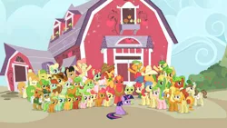 Size: 1366x768 | Tagged: safe, derpibooru import, edit, edited screencap, screencap, apple bloom, apple brown betty, apple cinnamon, apple cobbler, apple fritter, apple split, apple strudel, aunt orange, auntie applesauce, babs seed, big macintosh, braeburn, bushel, gala appleby, golden delicious, granny smith, half baked apple, hayseed turnip truck, hoss, mosely orange, red delicious, red gala, twilight sparkle, uncle orange, wensley, earth pony, pony, unicorn, apple family reunion, apple family, apple family member, barn, bucktooth, female, filly, foal, grumpy twilight, male, mare, photo, stallion, the oranges, unicorn twilight