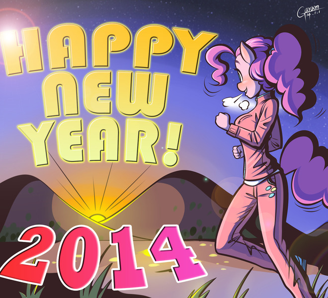 Size: 1280x1164 | Tagged: 2014, anthro, artist:garam, jogging, new year, pinkie pie, safe, solo, sunrise